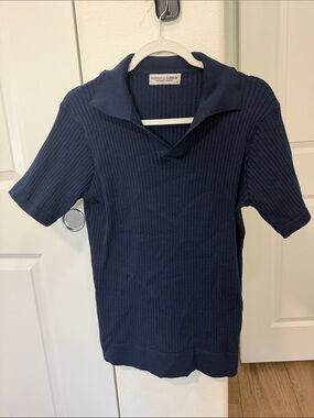 Navy Ribbed Short-Sleeve Polo